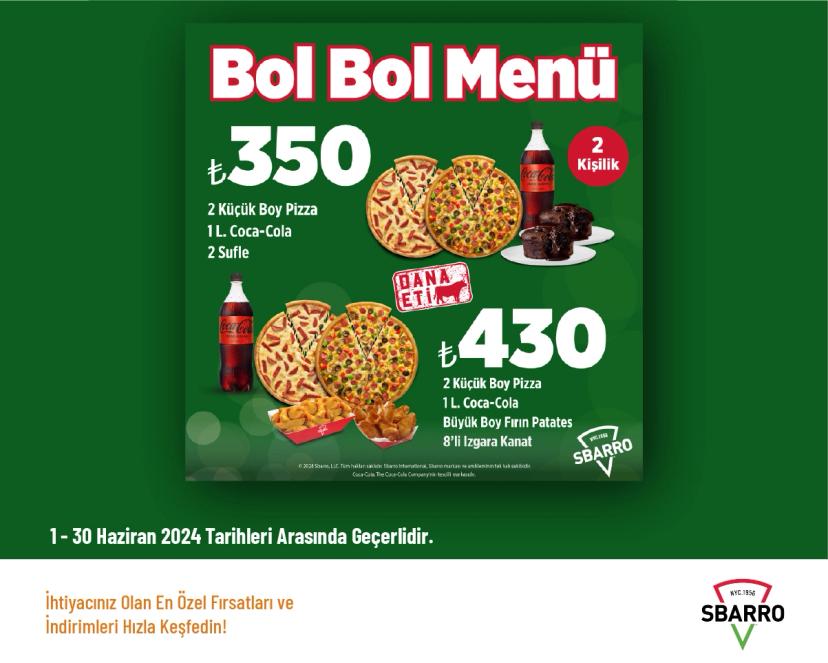 Sbarro Kampanyası - Bol Bol Menüler 320 TL'den Başlayan Fiyatlarla