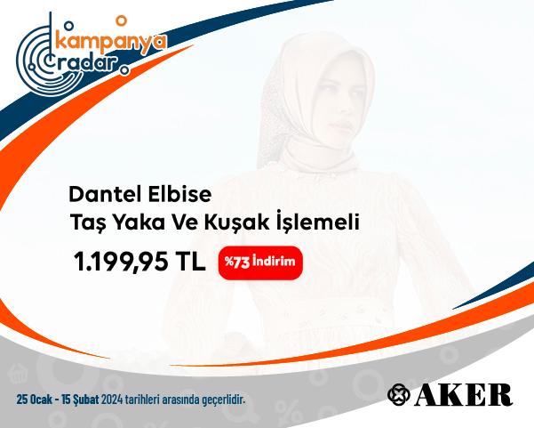 Aker Taş Yaka Ve Kuşak İşlemeli Dantel Elbise İndirimi