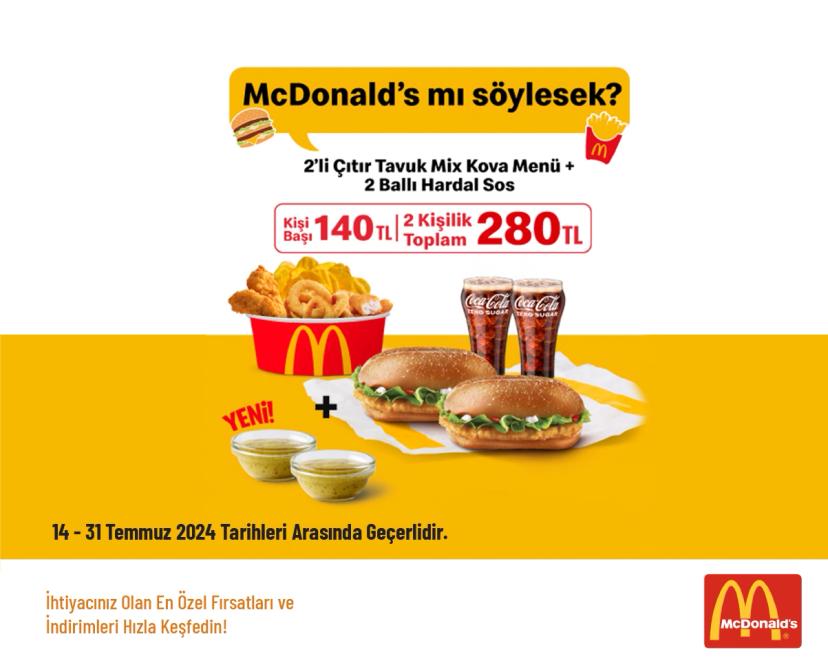 Mc Donald's İndirimi -2 Kişilik Ballı Hardal ile Tavuk Kova Menü 280 TL'den Başlayan Fiyatlarla