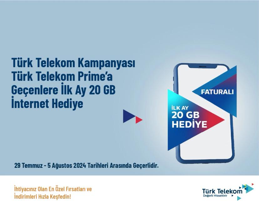 Türk Telekom Kampanyası - Türk Telekom Prime’a Geçenlere İlk Ay 20 GB İnternet Hediye