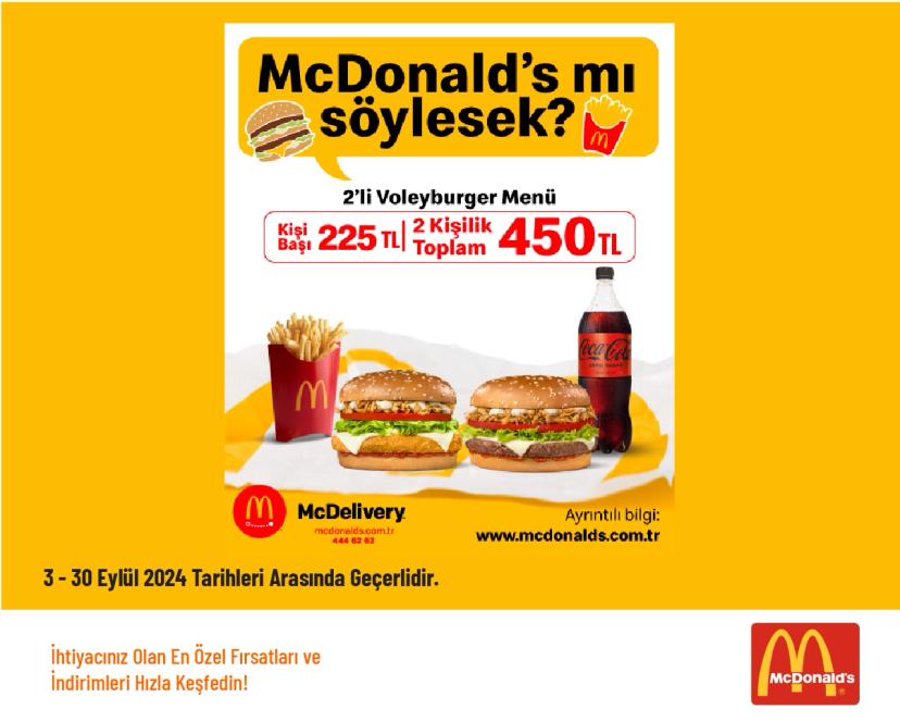 Mc Donalds İndirimi - 2 Kişilik Voleyburger Menü Sadece 450 TL