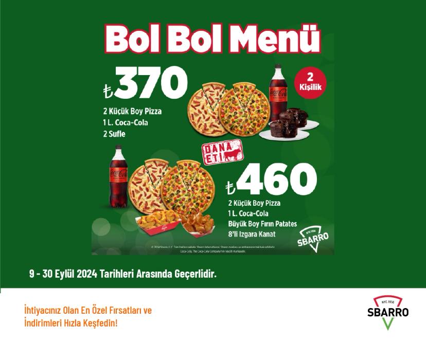 Sbarro İndirimi - Bol Bol Menü 370 TL'den Başlayan Başlayan Fiyatlarla