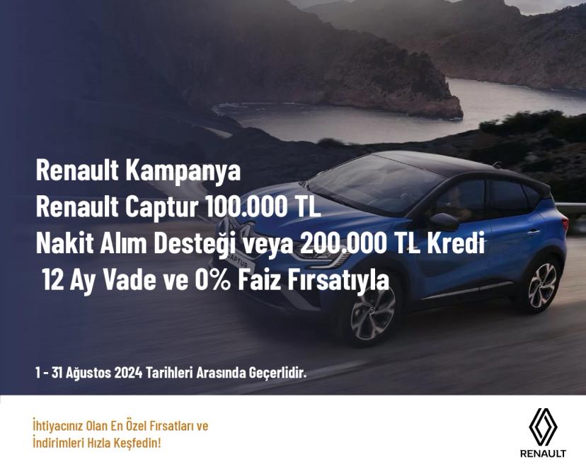 Renault Kampanya - Renault Captur 100.000 TL Naki̇t Alım Desteği̇ Veya 200.000 TL Kredi̇ 12 Ay Vade ve 0% Fai̇z Fırsatıyla