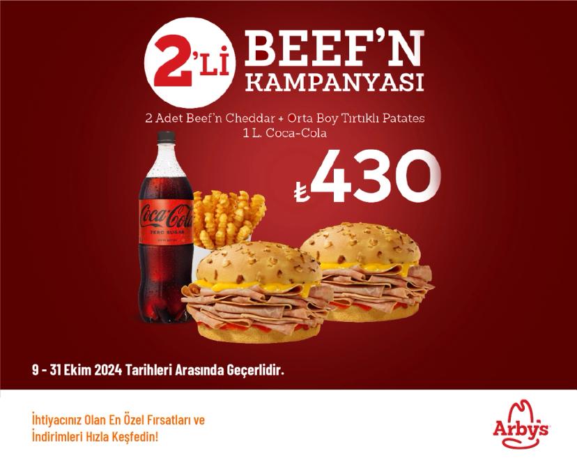 Arby's İndirimi - 2’li Beef’n Menü 430 TL'den Başlayan Fiyatlarla