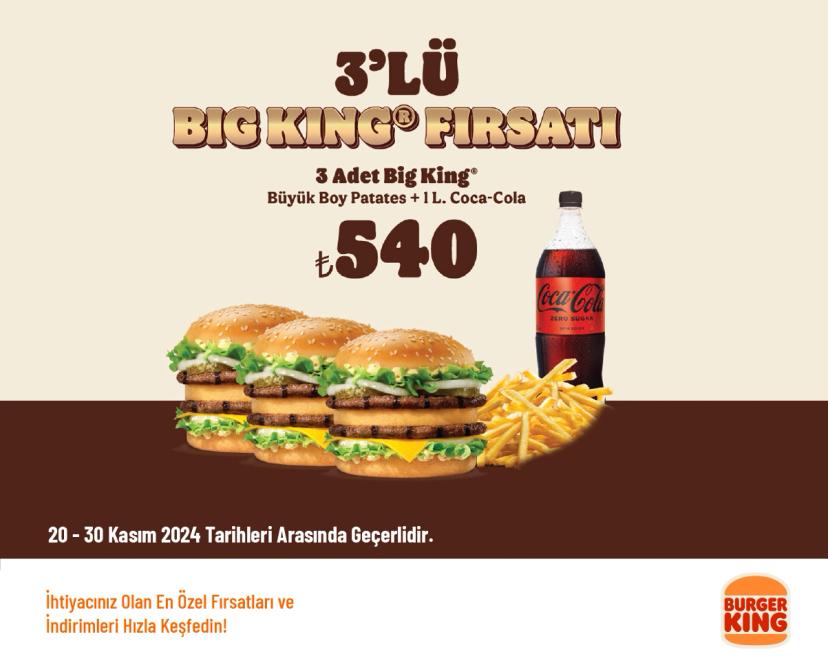 Burger King İndirimi - 3'lü Big King Menü 540 TL'den Başlayan Fiyatlarla