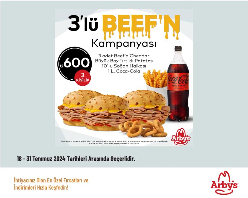 Arby's İndirimi - 3 Kişilik Beef'n Menü 600 TL'den Başlayan Fiyatlarla