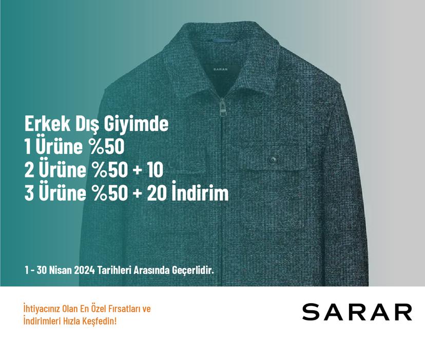 Erkek Dış Giyimde 1 Ürüne %50, 2 Ürüne %50 + 10, 3 Ürüne %50 + 20 İndirim