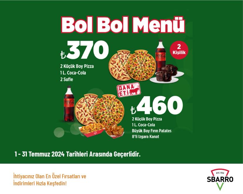 Sbarro İndirimleri - Bol Bol Menü 370 TL'den Başlayan Fiyatlarla